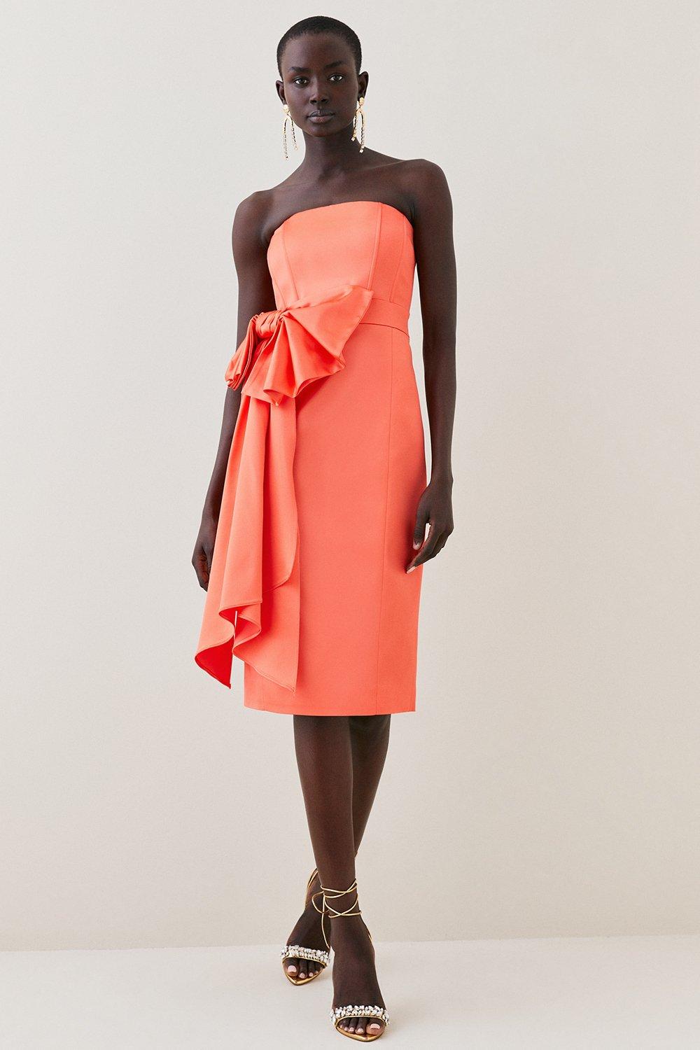 Italian Structured Satin Bandeau Bow Detail Pencil Midi Dress Karen Millen